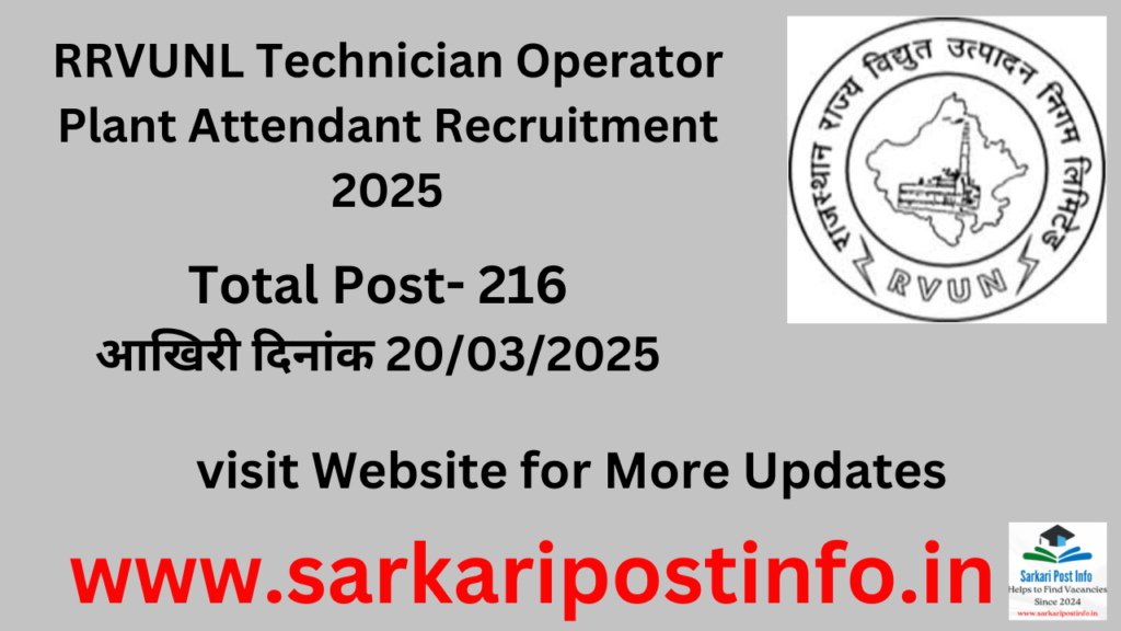 RRVUNL Technician Operator Plant Attendant Recruitment 2025