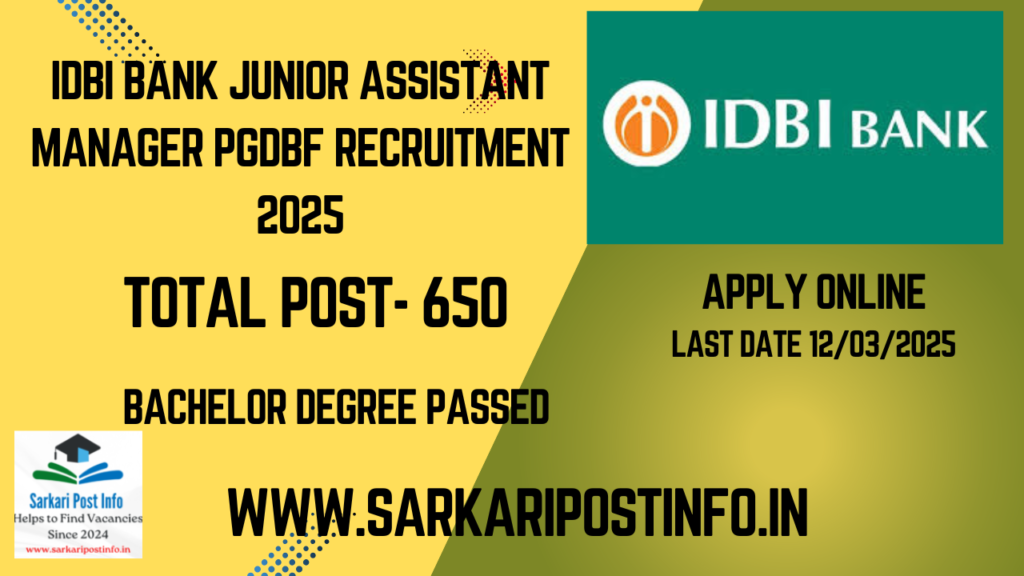 IDBI Bank Junior Assistant Manager PGDBF Recruitment 2025